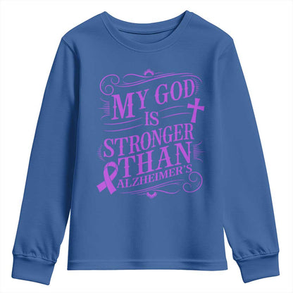 My God Is Stronger Than Alzheimers Youth Sweatshirt Faith Hope Purple Ribbon Graphic