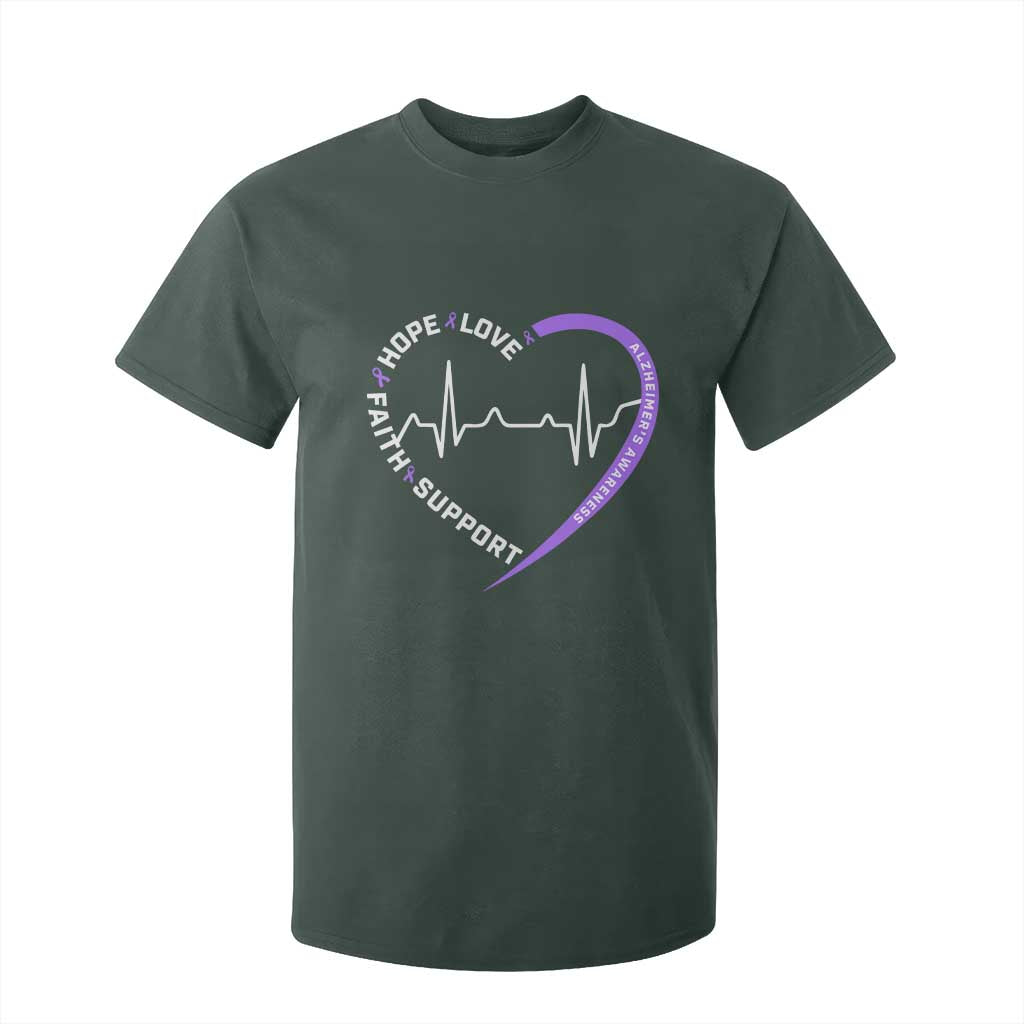 Alzheimers Support Heart Heartbeat Purple Ribbon T Shirt For Kid Hope Love Faith