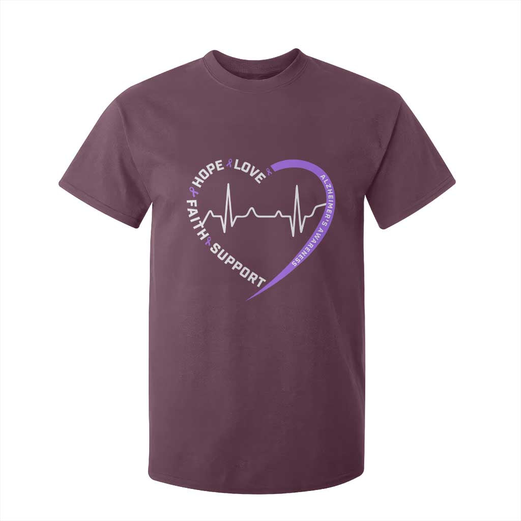 Alzheimers Support Heart Heartbeat Purple Ribbon T Shirt For Kid Hope Love Faith