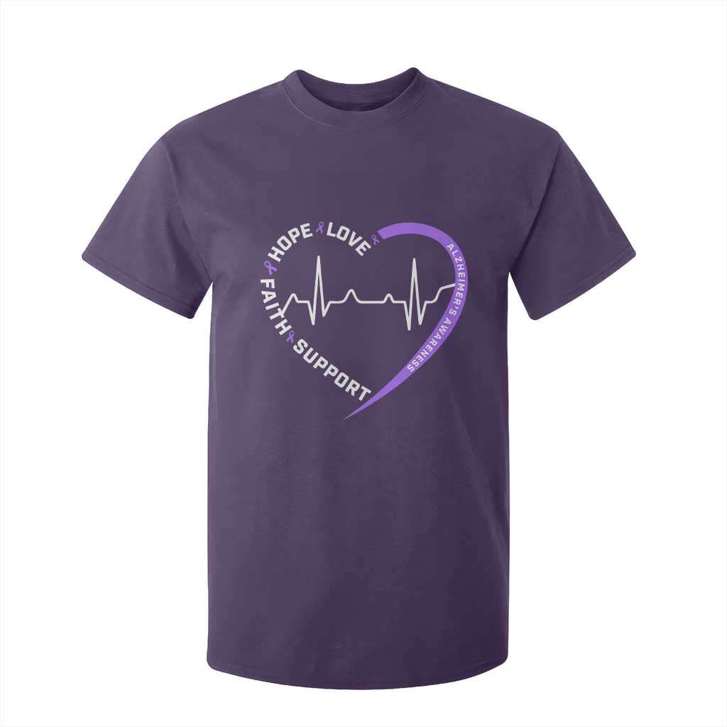 Alzheimers Support Heart Heartbeat Purple Ribbon T Shirt For Kid Hope Love Faith