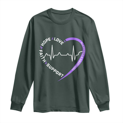 Alzheimers Support Heart Heartbeat Purple Ribbon Long Sleeve Shirt Hope Love Faith