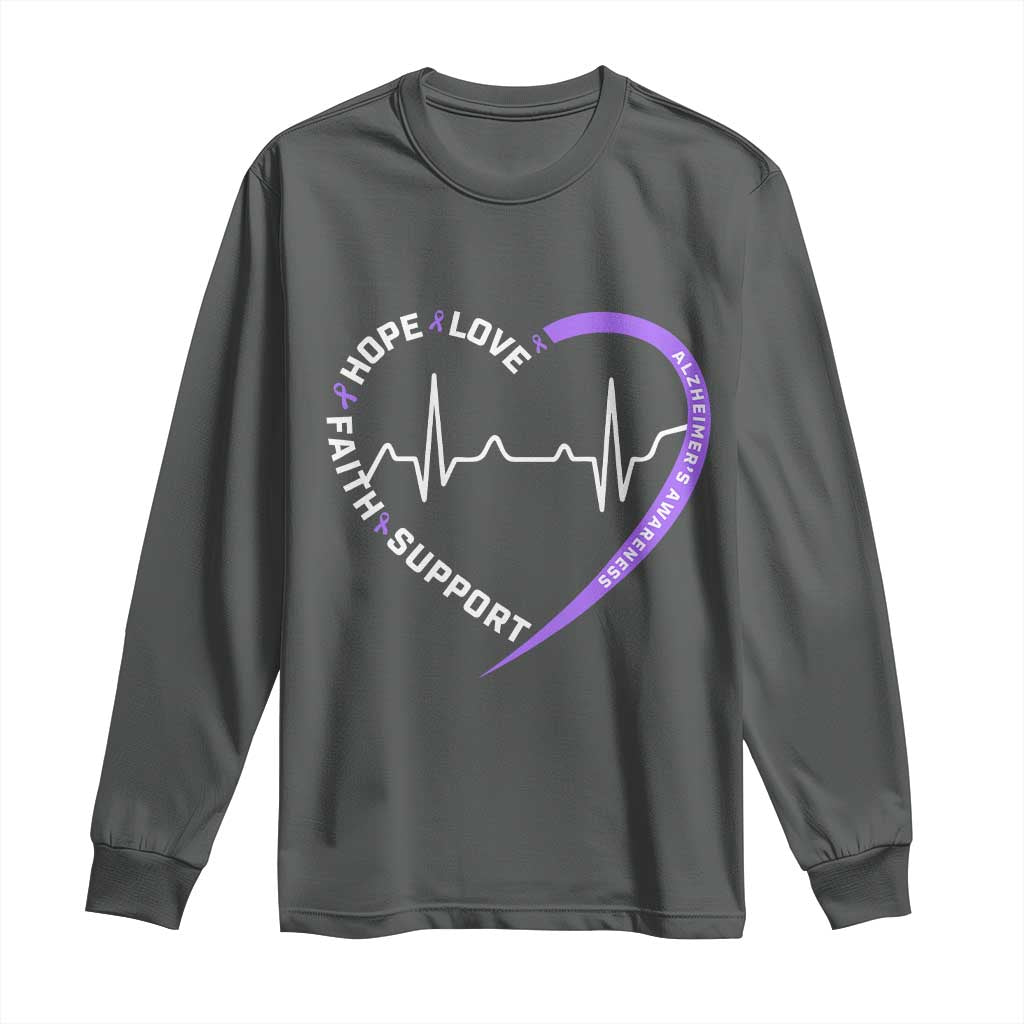 Alzheimers Support Heart Heartbeat Purple Ribbon Long Sleeve Shirt Hope Love Faith