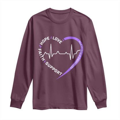 Alzheimers Support Heart Heartbeat Purple Ribbon Long Sleeve Shirt Hope Love Faith