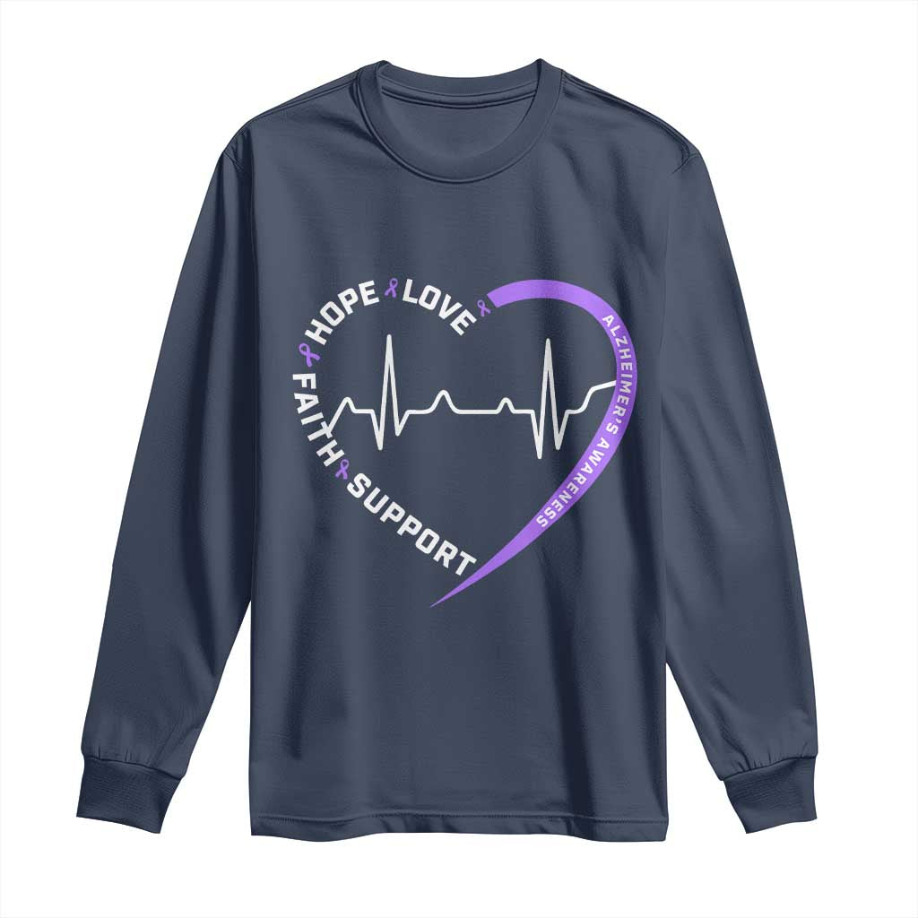 Alzheimers Support Heart Heartbeat Purple Ribbon Long Sleeve Shirt Hope Love Faith