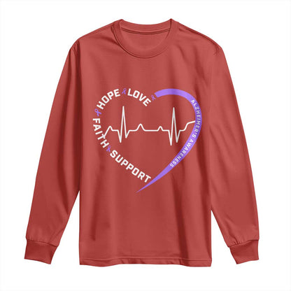 Alzheimers Support Heart Heartbeat Purple Ribbon Long Sleeve Shirt Hope Love Faith
