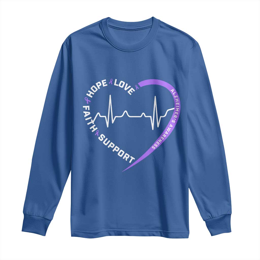 Alzheimers Support Heart Heartbeat Purple Ribbon Long Sleeve Shirt Hope Love Faith