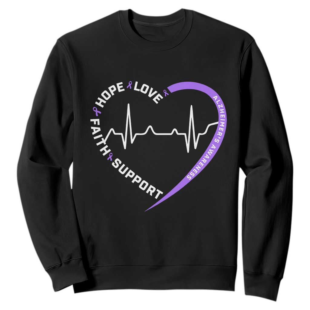 Alzheimers Support Heart Heartbeat Purple Ribbon Sweatshirt Hope Love Faith