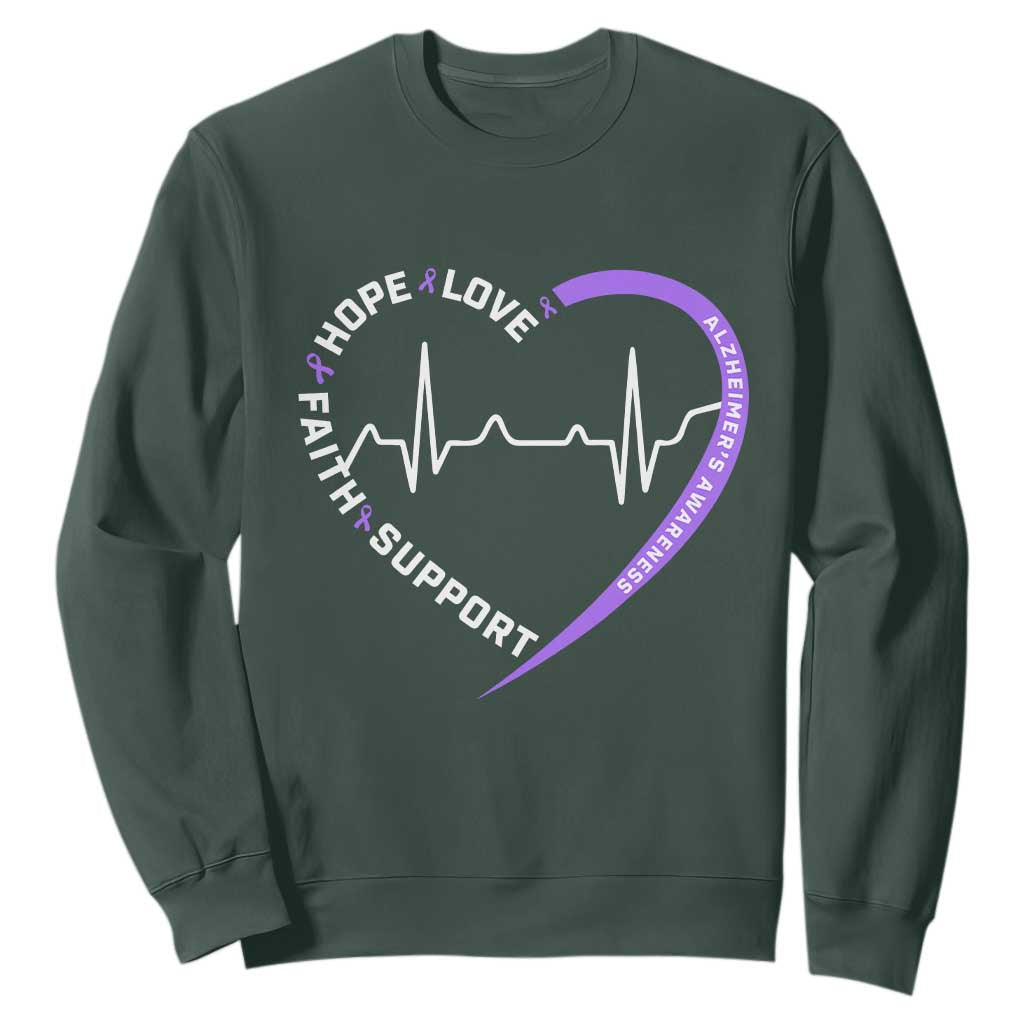 Alzheimers Support Heart Heartbeat Purple Ribbon Sweatshirt Hope Love Faith