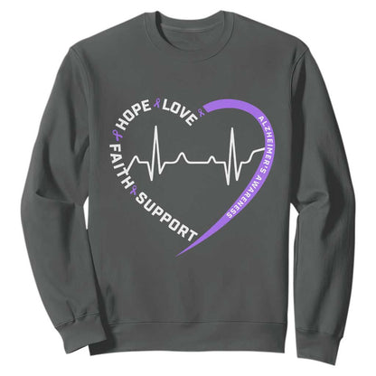 Alzheimers Support Heart Heartbeat Purple Ribbon Sweatshirt Hope Love Faith