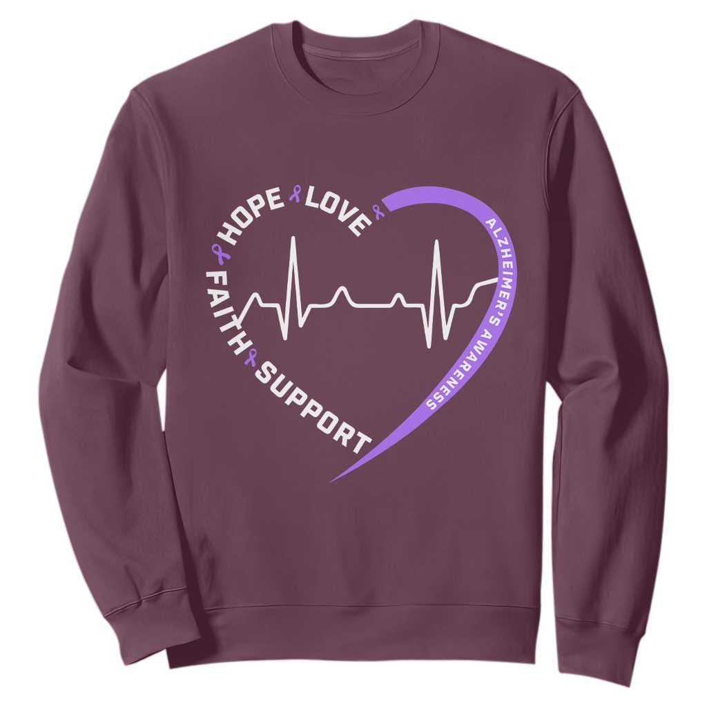 Alzheimers Support Heart Heartbeat Purple Ribbon Sweatshirt Hope Love Faith
