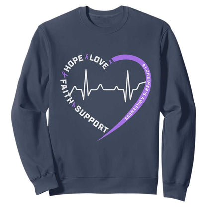 Alzheimers Support Heart Heartbeat Purple Ribbon Sweatshirt Hope Love Faith