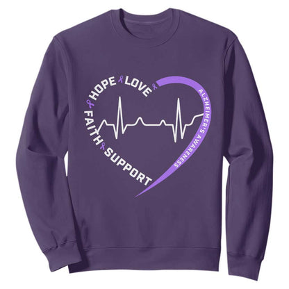 Alzheimers Support Heart Heartbeat Purple Ribbon Sweatshirt Hope Love Faith