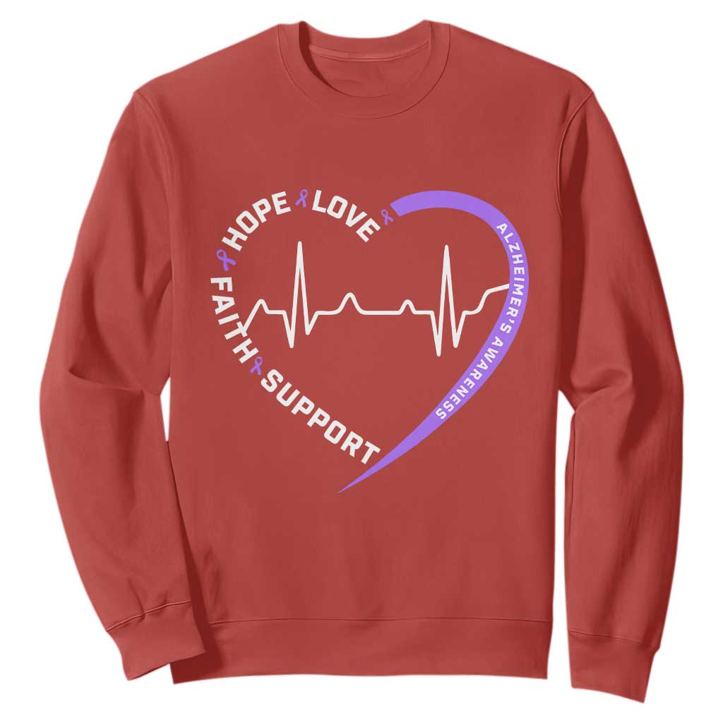 Alzheimers Support Heart Heartbeat Purple Ribbon Sweatshirt Hope Love Faith