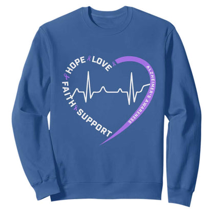 Alzheimers Support Heart Heartbeat Purple Ribbon Sweatshirt Hope Love Faith