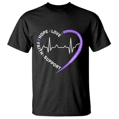 Alzheimers Support Heart Heartbeat Purple Ribbon T Shirt Hope Love Faith