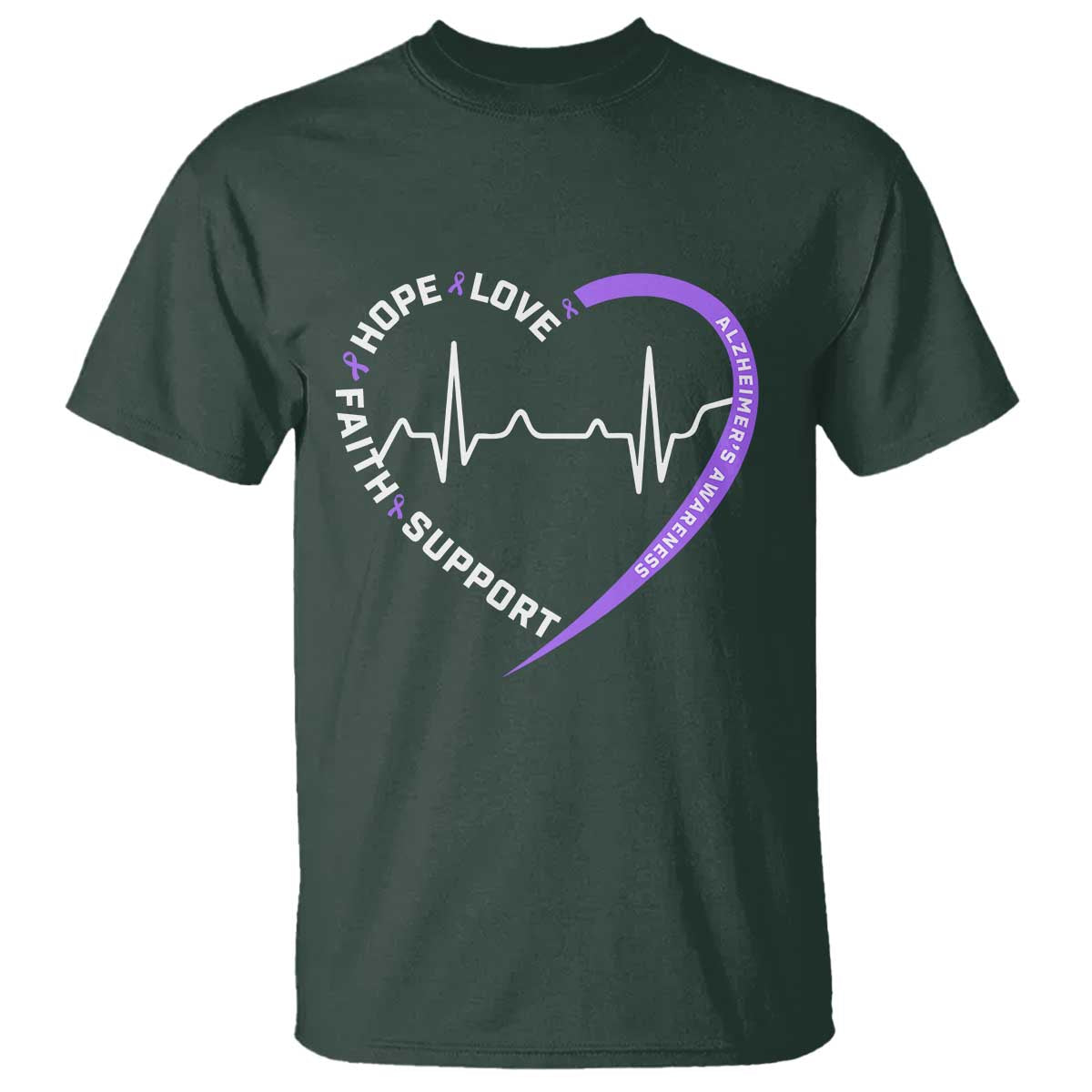 Alzheimers Support Heart Heartbeat Purple Ribbon T Shirt Hope Love Faith