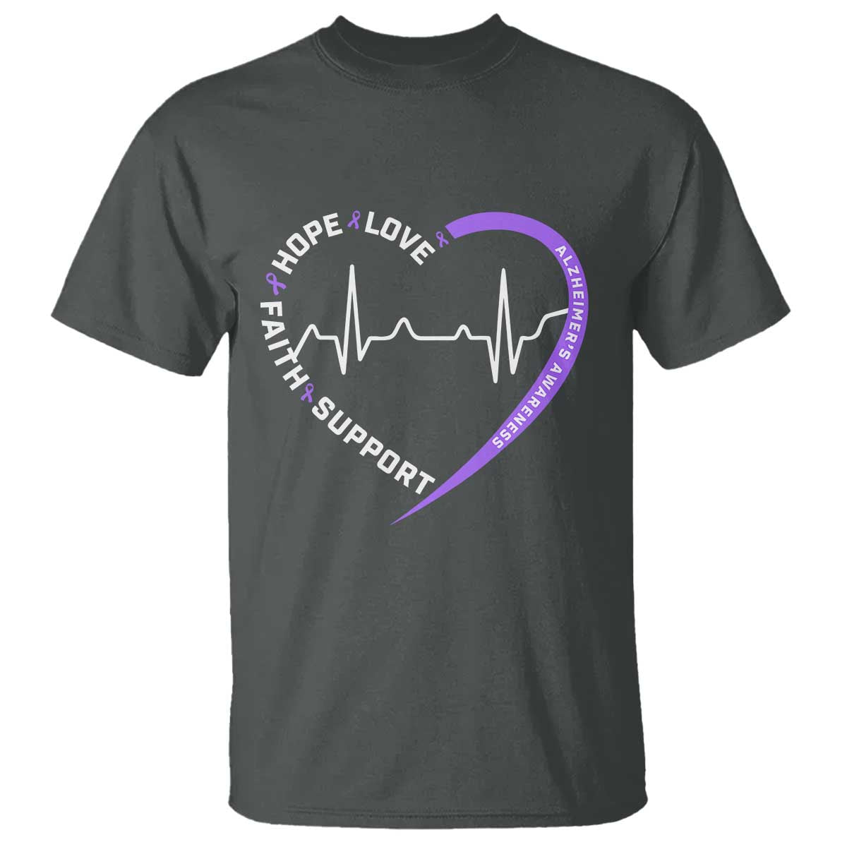 Alzheimers Support Heart Heartbeat Purple Ribbon T Shirt Hope Love Faith
