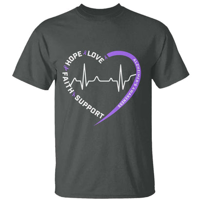 Alzheimers Support Heart Heartbeat Purple Ribbon T Shirt Hope Love Faith