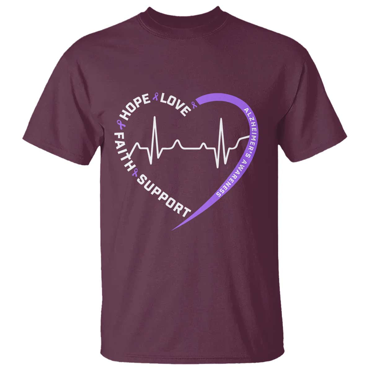 Alzheimers Support Heart Heartbeat Purple Ribbon T Shirt Hope Love Faith