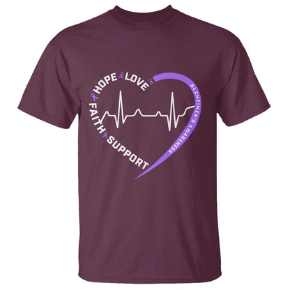 Alzheimers Support Heart Heartbeat Purple Ribbon T Shirt Hope Love Faith