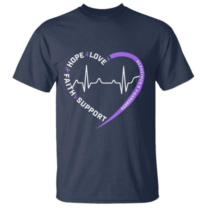 Alzheimers Support Heart Heartbeat Purple Ribbon T Shirt Hope Love Faith