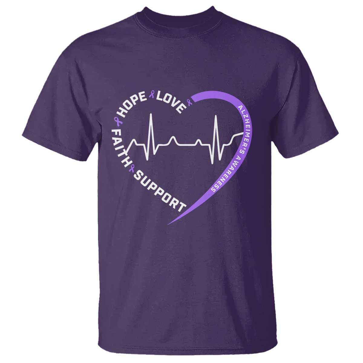 Alzheimers Support Heart Heartbeat Purple Ribbon T Shirt Hope Love Faith