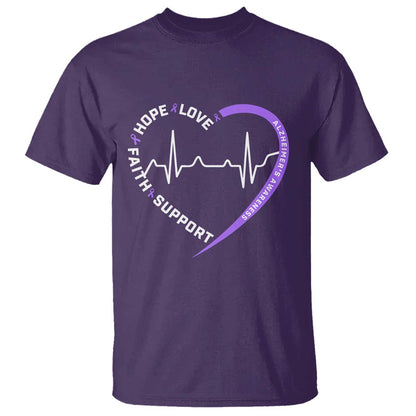 Alzheimers Support Heart Heartbeat Purple Ribbon T Shirt Hope Love Faith