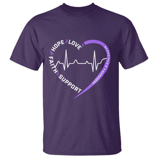 Alzheimers Support Heart Heartbeat Purple Ribbon T Shirt Hope Love Faith