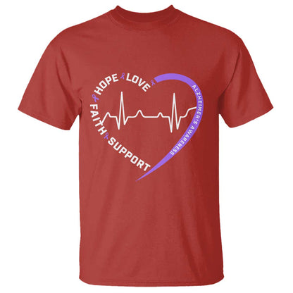 Alzheimers Support Heart Heartbeat Purple Ribbon T Shirt Hope Love Faith