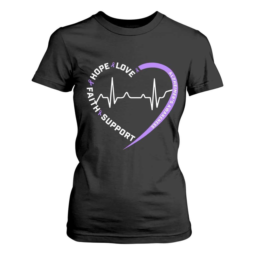 Alzheimers Support Heart Heartbeat Purple Ribbon T Shirt For Women Hope Love Faith