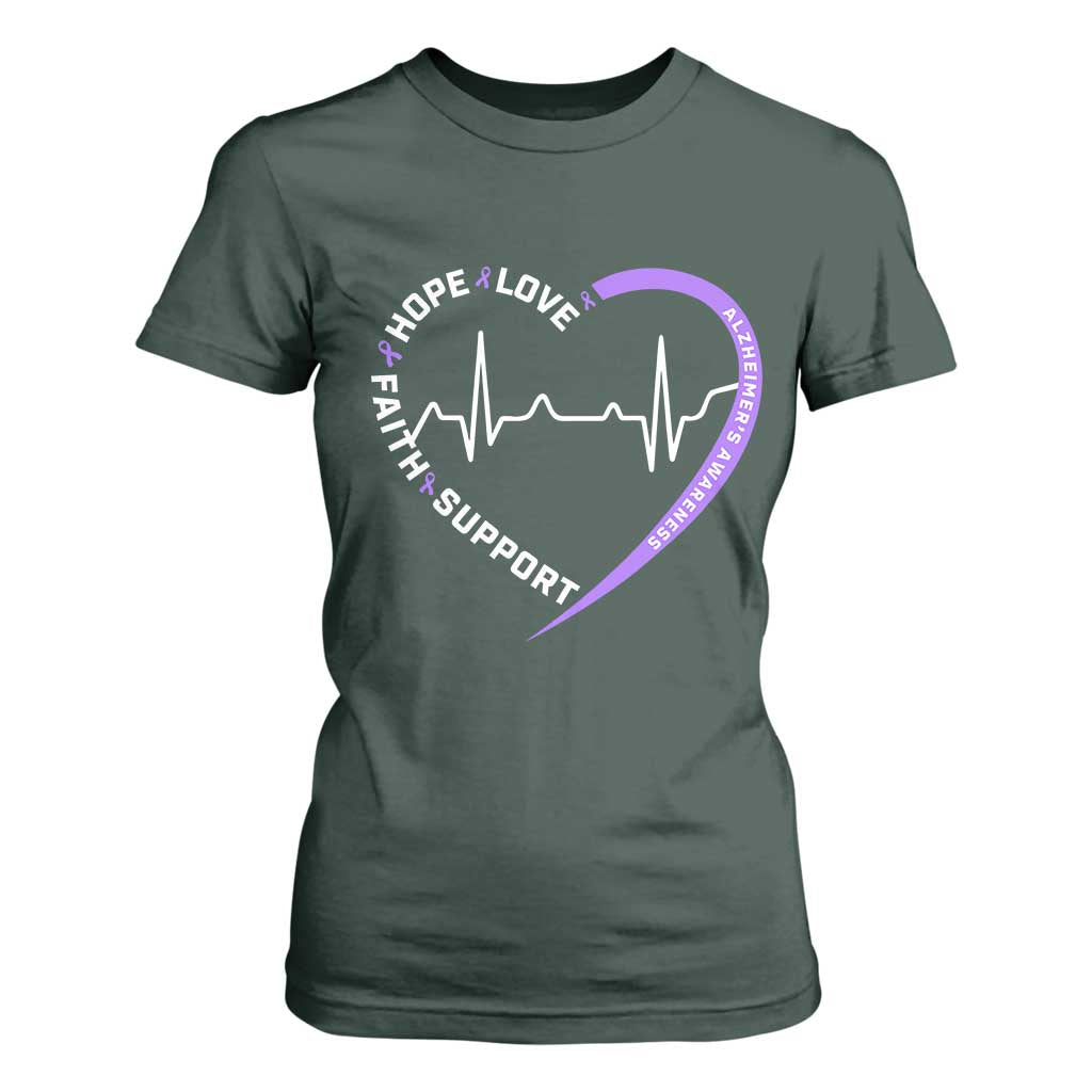 Alzheimers Support Heart Heartbeat Purple Ribbon T Shirt For Women Hope Love Faith