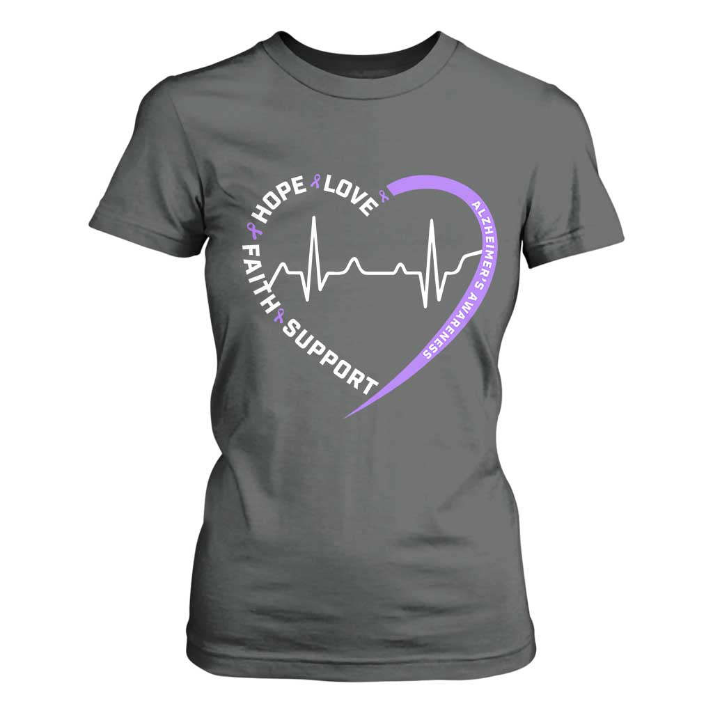 Alzheimers Support Heart Heartbeat Purple Ribbon T Shirt For Women Hope Love Faith