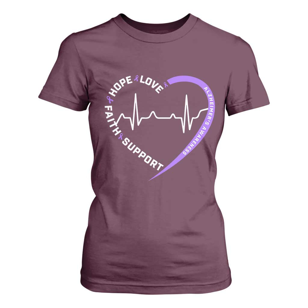 Alzheimers Support Heart Heartbeat Purple Ribbon T Shirt For Women Hope Love Faith