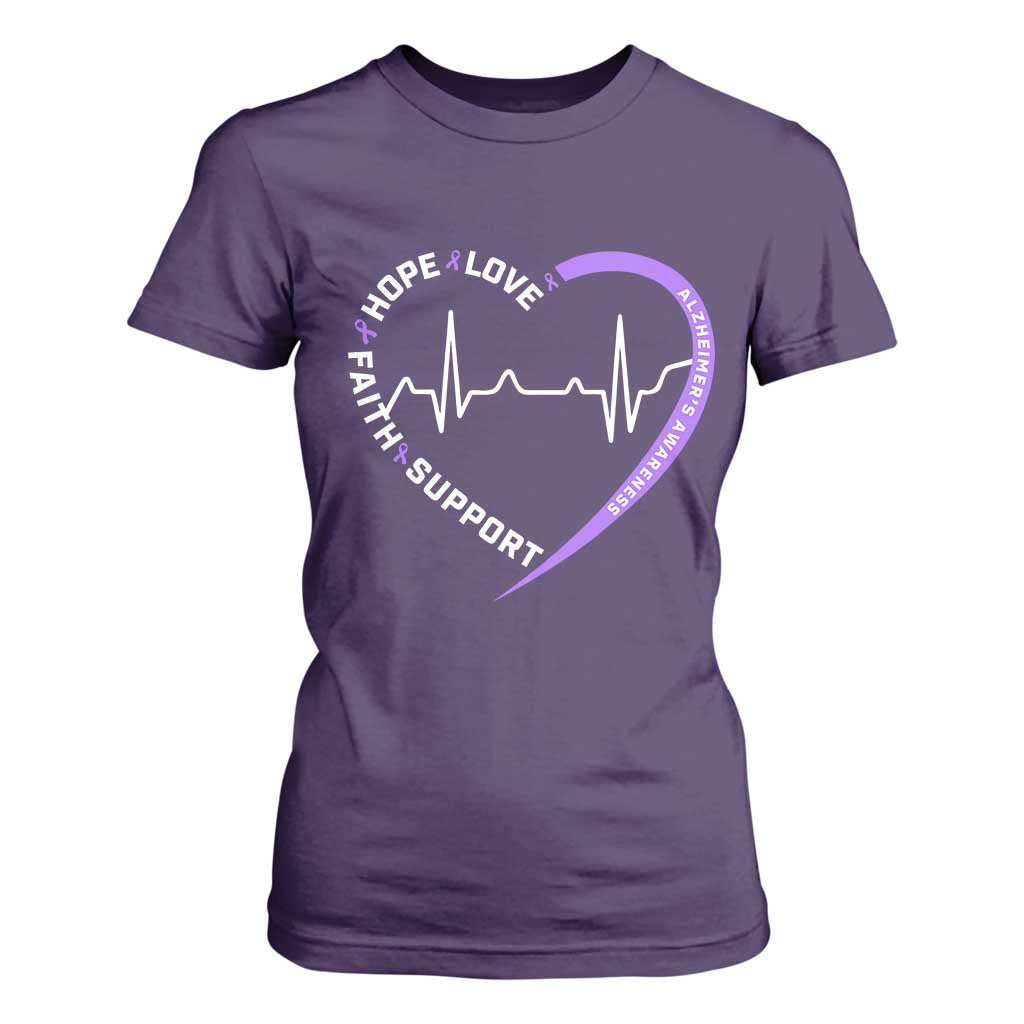 Alzheimers Support Heart Heartbeat Purple Ribbon T Shirt For Women Hope Love Faith