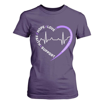 Alzheimers Support Heart Heartbeat Purple Ribbon T Shirt For Women Hope Love Faith