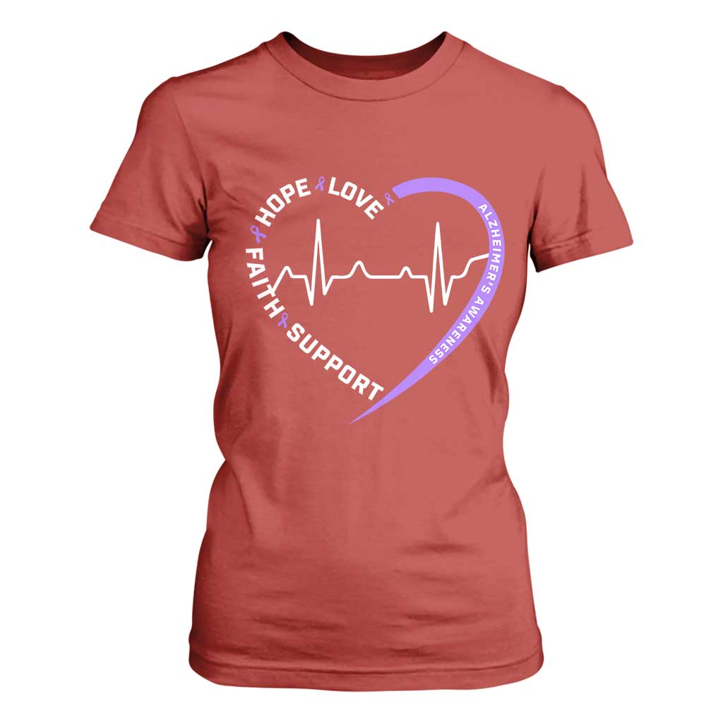 Alzheimers Support Heart Heartbeat Purple Ribbon T Shirt For Women Hope Love Faith