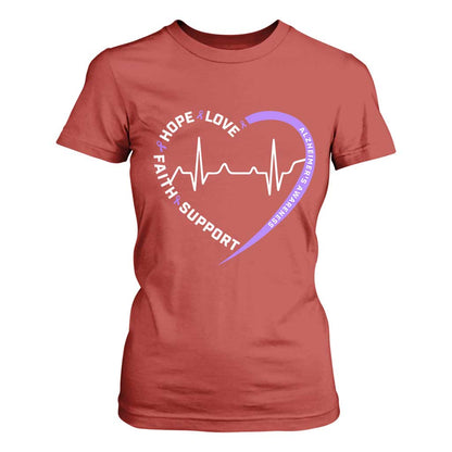 Alzheimers Support Heart Heartbeat Purple Ribbon T Shirt For Women Hope Love Faith