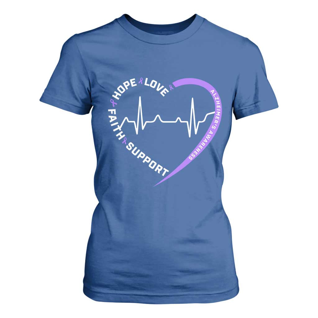 Alzheimers Support Heart Heartbeat Purple Ribbon T Shirt For Women Hope Love Faith