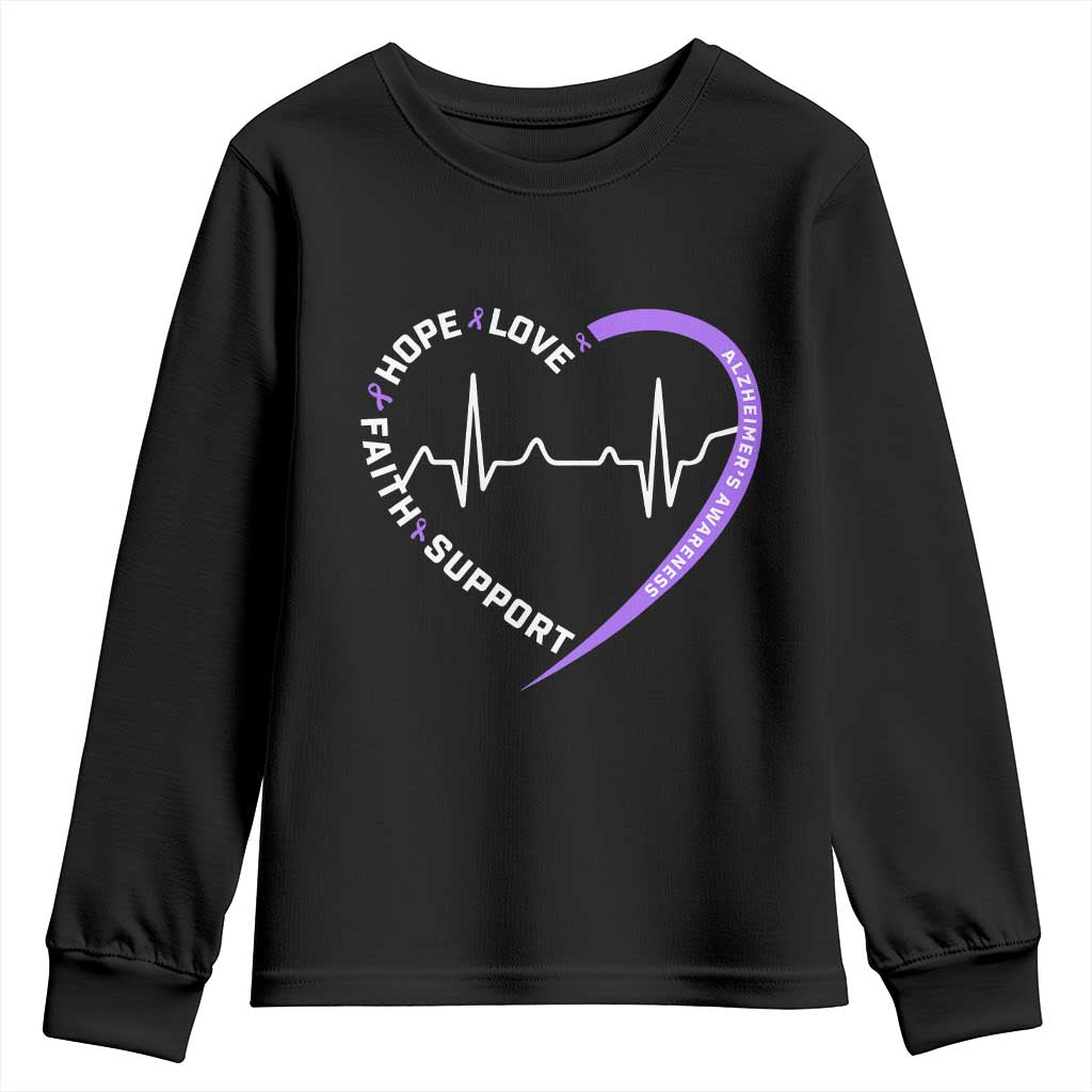 Alzheimers Support Heart Heartbeat Purple Ribbon Youth Sweatshirt Hope Love Faith