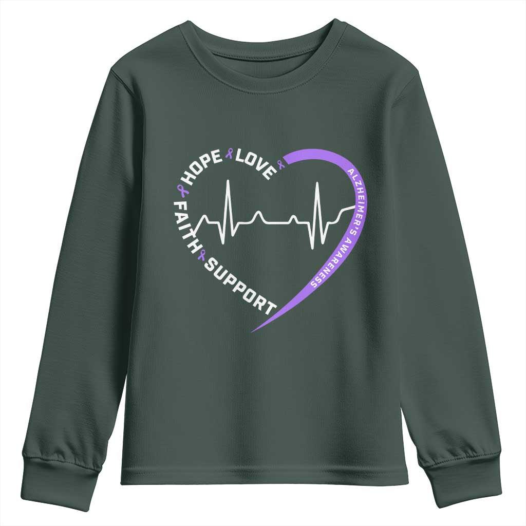 Alzheimers Support Heart Heartbeat Purple Ribbon Youth Sweatshirt Hope Love Faith