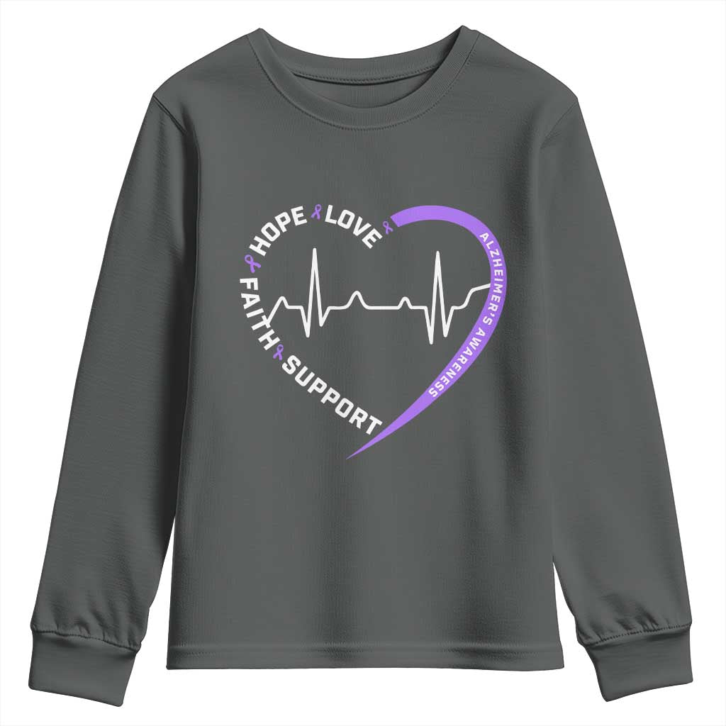 Alzheimers Support Heart Heartbeat Purple Ribbon Youth Sweatshirt Hope Love Faith