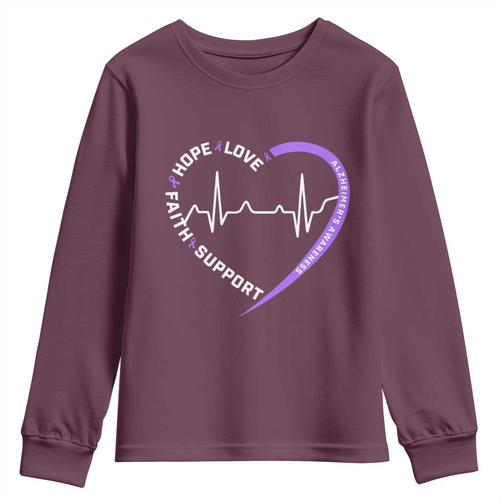 Alzheimers Support Heart Heartbeat Purple Ribbon Youth Sweatshirt Hope Love Faith