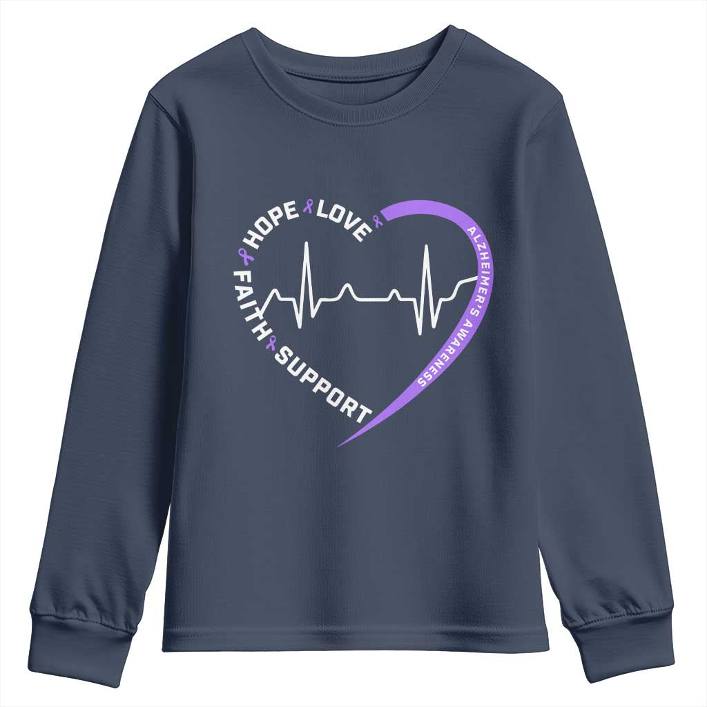 Alzheimers Support Heart Heartbeat Purple Ribbon Youth Sweatshirt Hope Love Faith