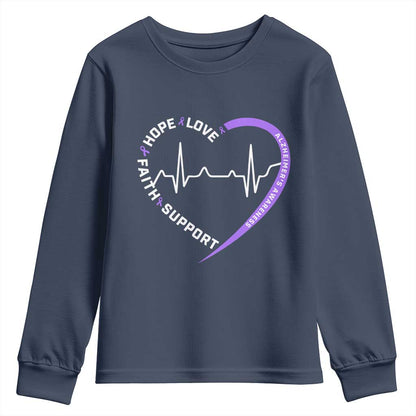 Alzheimers Support Heart Heartbeat Purple Ribbon Youth Sweatshirt Hope Love Faith