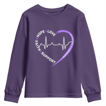 Alzheimers Support Heart Heartbeat Purple Ribbon Youth Sweatshirt Hope Love Faith