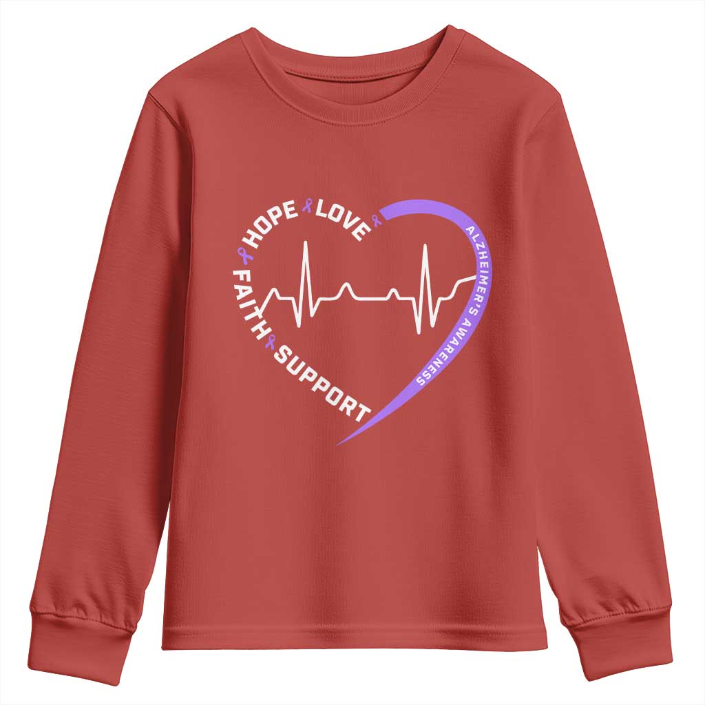 Alzheimers Support Heart Heartbeat Purple Ribbon Youth Sweatshirt Hope Love Faith