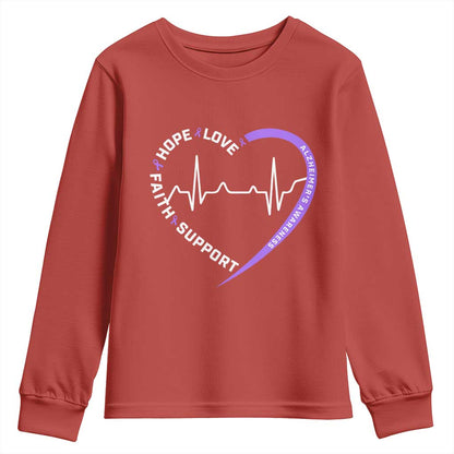 Alzheimers Support Heart Heartbeat Purple Ribbon Youth Sweatshirt Hope Love Faith