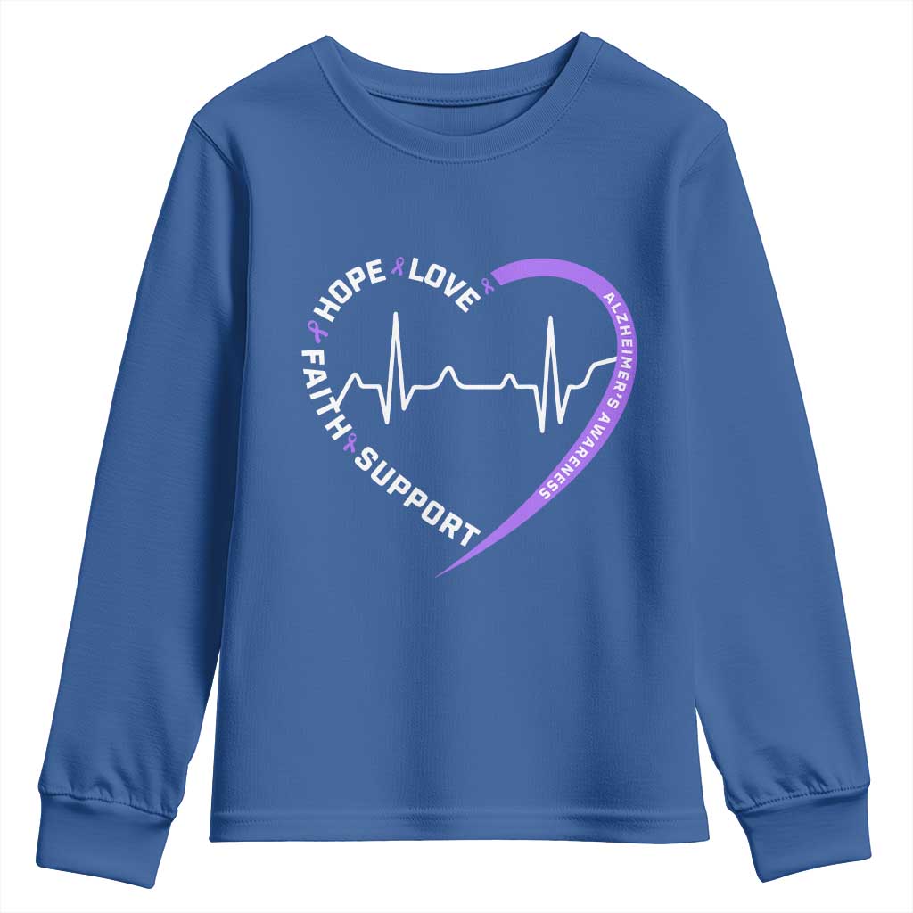 Alzheimers Support Heart Heartbeat Purple Ribbon Youth Sweatshirt Hope Love Faith