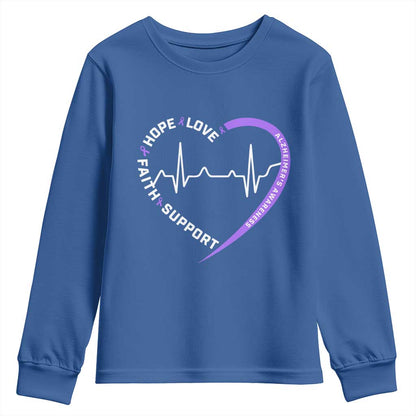 Alzheimers Support Heart Heartbeat Purple Ribbon Youth Sweatshirt Hope Love Faith