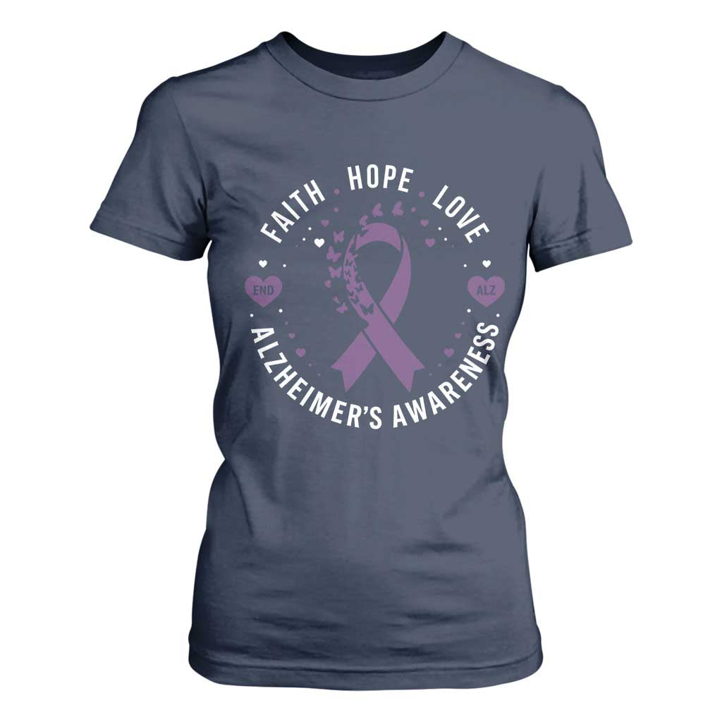 Faith Hope Love Purple Ribbon T Shirt For Women End Alzheimers Butterfly Graphic